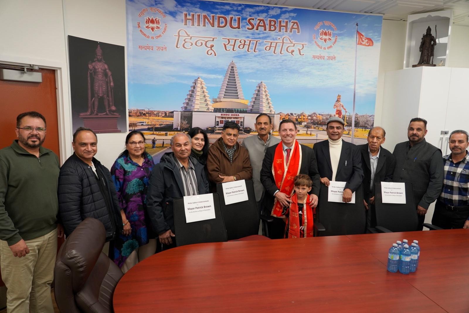 Mayor Patrick Brown with Hindu Sabha Temple leaders at the temple in Brampton
